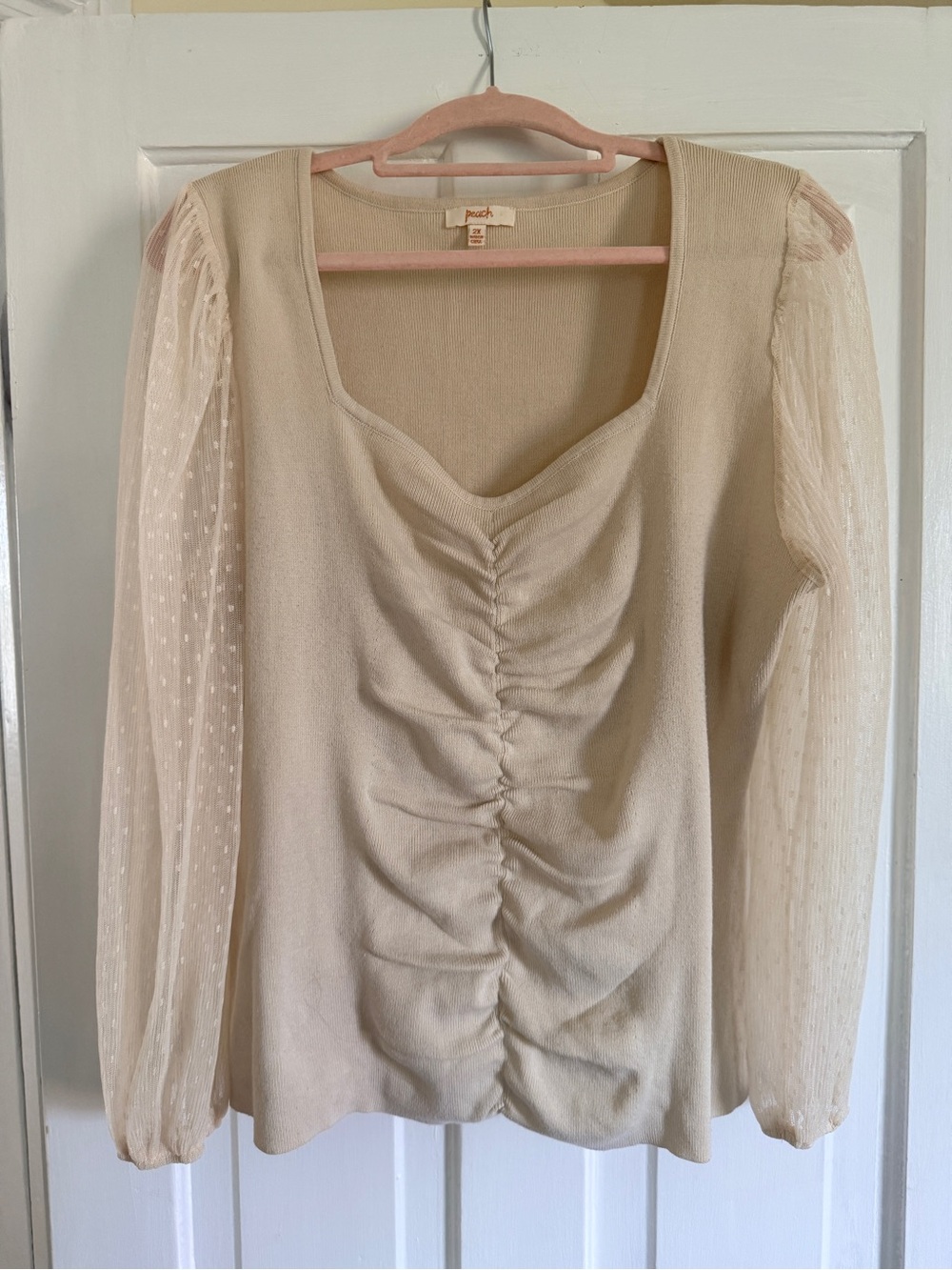 Cream Ruched Front Knit Ribbed Top with Sheer Swiss Dot Balloon Sleeves